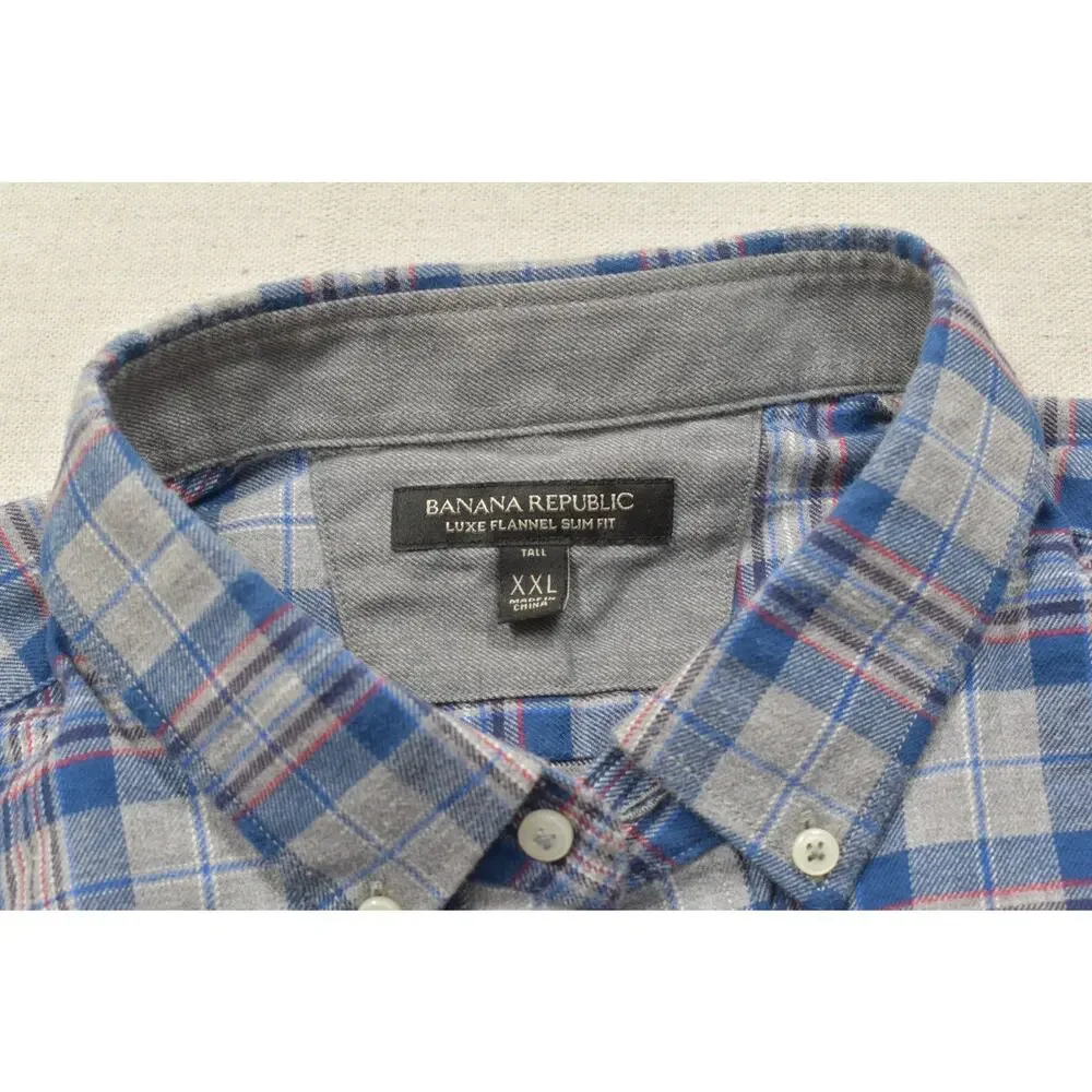 Banana Republic Luxe Flannel Slim Fit Shirt Mens XXL Tall Blue Gray Plaid Long S